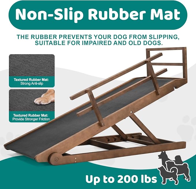 Dog Ramp for Bed & Couch, Foldable Wooden Pet Ramp, 5 Adjustable Heights | Height up to 27.5", Portable Dog Ramp with Non-Slip Rubber Surface & Safety Railings, Pet Ramp for Small, Large, Senior Dogs
