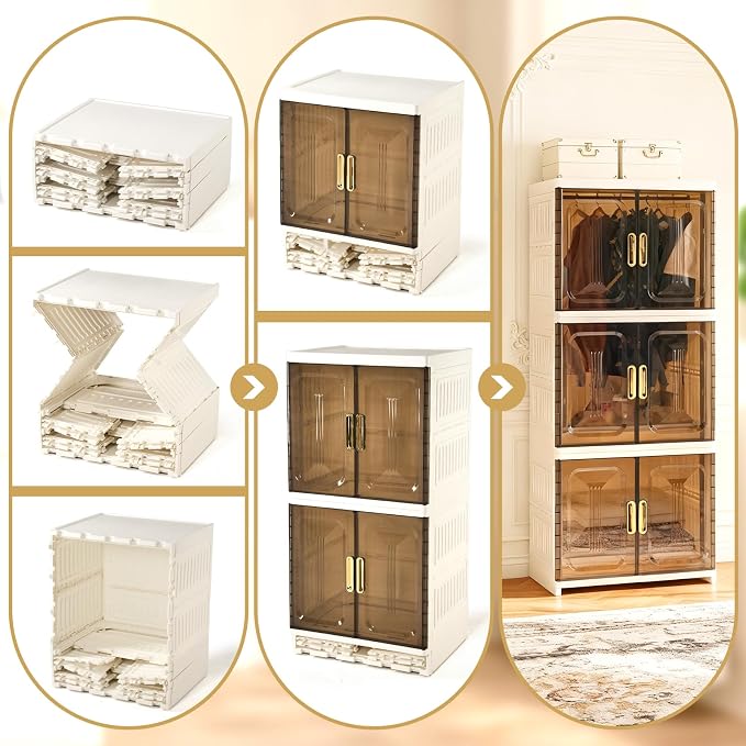 Portable Wardrobe Closet Pet, Pet Collapsible Clothes Storage Organizer | 3 Layer White Plastic Foldable Pet Wardrobe Cabinet with Doors & Wheels