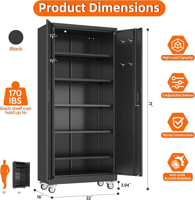 Metal Garage Storage Cabinet with Wheels and Door Pegboard (Pack of 2)