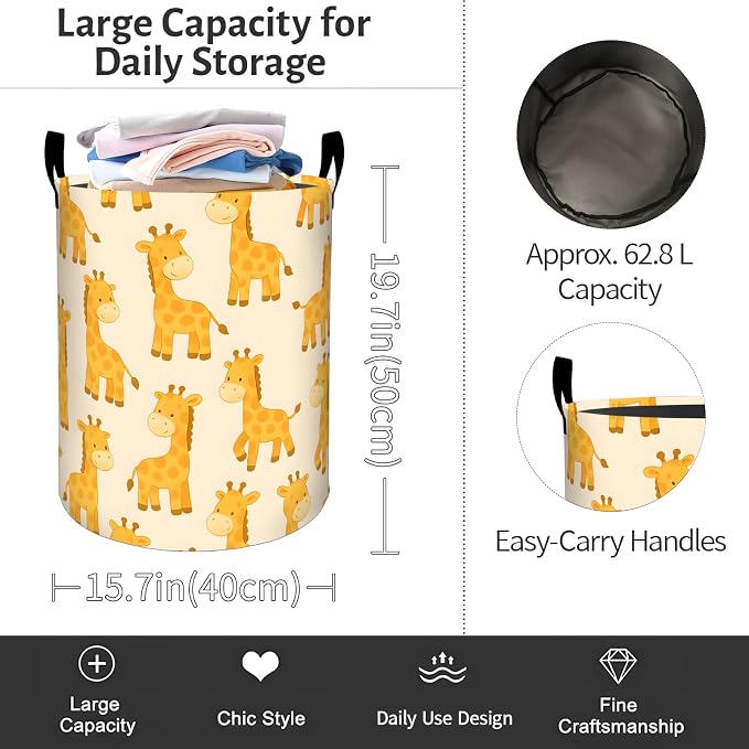 Giraffe Laundry Basket, Adorable Cartoon Wild Foldable Oxford Cloth, Waterproof Dirty Clothes Hamper with Handles, Clothing Storage Bin Toy Organizer for Bedroom Dorm Bathroom, 19.7"x15.7"