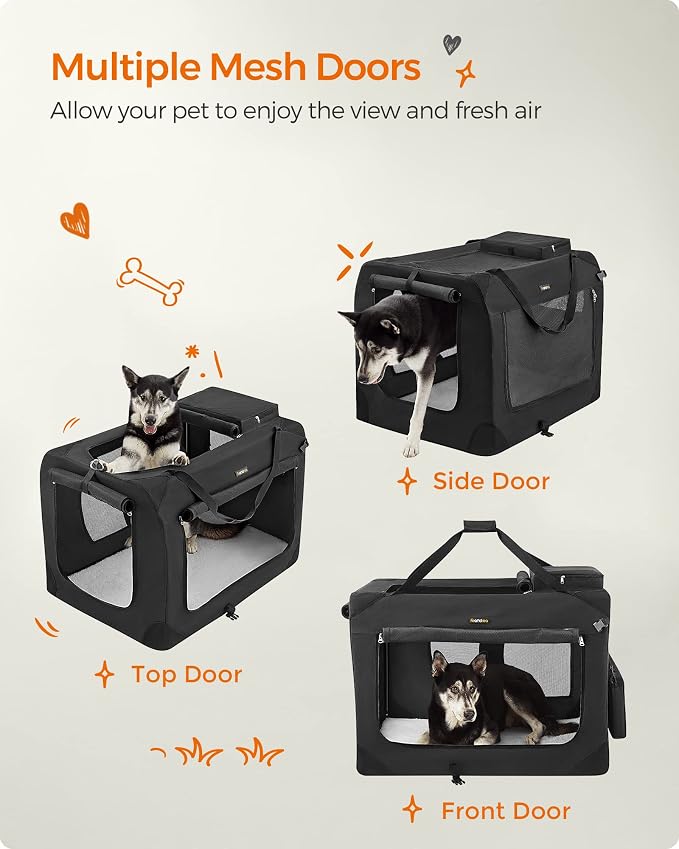 Feandrea Collapsible Soft Dog Crate, Portable Travel, 36 Inches | Dog Carrier Kennel with Safety Zippers for Living Room, Car, Travelling, Black UPDC90H