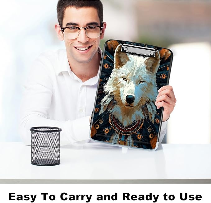 A4 Clipboard with Storage Pen Holder, Clipboards Organizer Nursing Clipboard Foldable File Folder Plastic Clipboard Folio Clip Board for Office Work Classroom Doctor, Feathers White Wolf