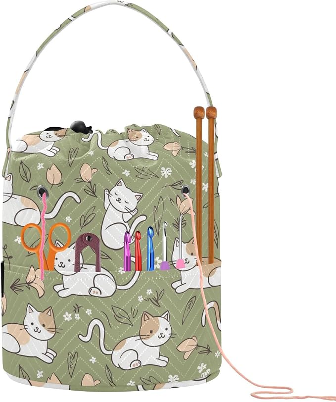 Fustylead Simple Cute Cats and Flower Leaves Crochet Drawstring Organizer, Large Yarn Bag Storage Tote Basket for Crocheting On The Go, Kit Holder, Gift for Knitter, Crochet Beginner