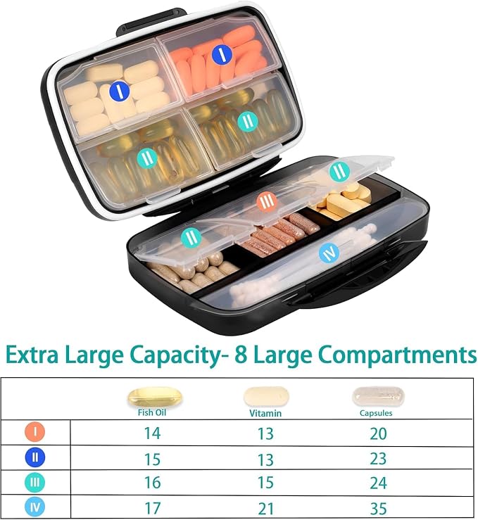 Travel Pill Organizer Large Portable Medication Fullicon Oversize 8 Compartment Pill Box, Vitamin Travel Case Pill Holder - Airtight & Moistureproof (Black) | Moisture Proof, Travel, Easy Open, Holds 14-17 Fish Oils, 20-35 Capsules or 13-21 Vitamins, C...
