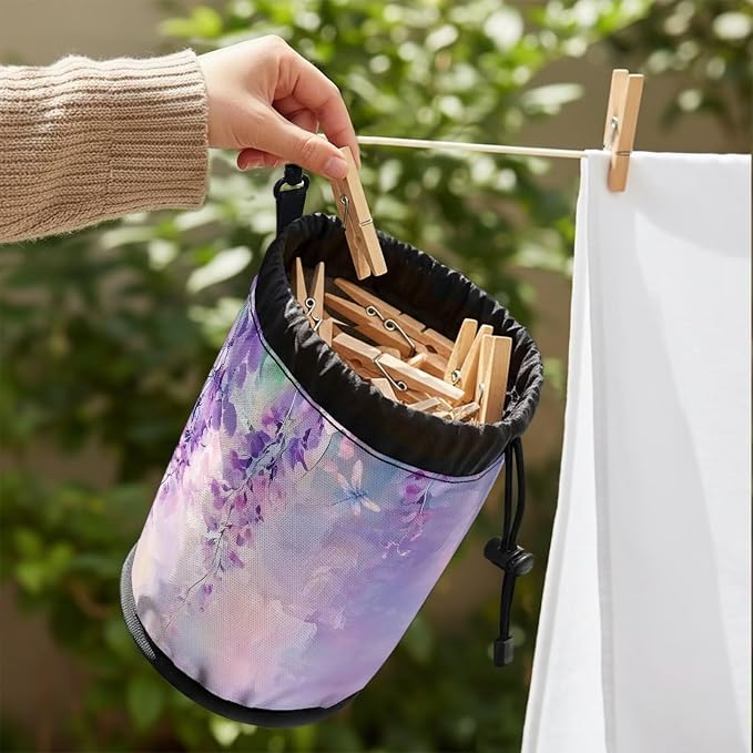 Wisteria Clothespin Bag for Clothesline Outdoor, Clothes Pin Bag with Drawstring Closure, Large Opening, Large-Capacity Clothespin Storage Organizer with Hooks