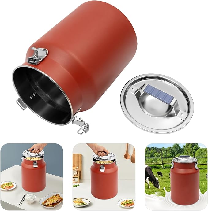 12L Stainless Steel Rice Storage Container with Airtight Lid&Handle, Red | Secure 3-Buckle Locking Lid, Portable Handle and Wide Opening, Stores Rice, Flour, Pet Food, Tea, Oil, Milk, Grains