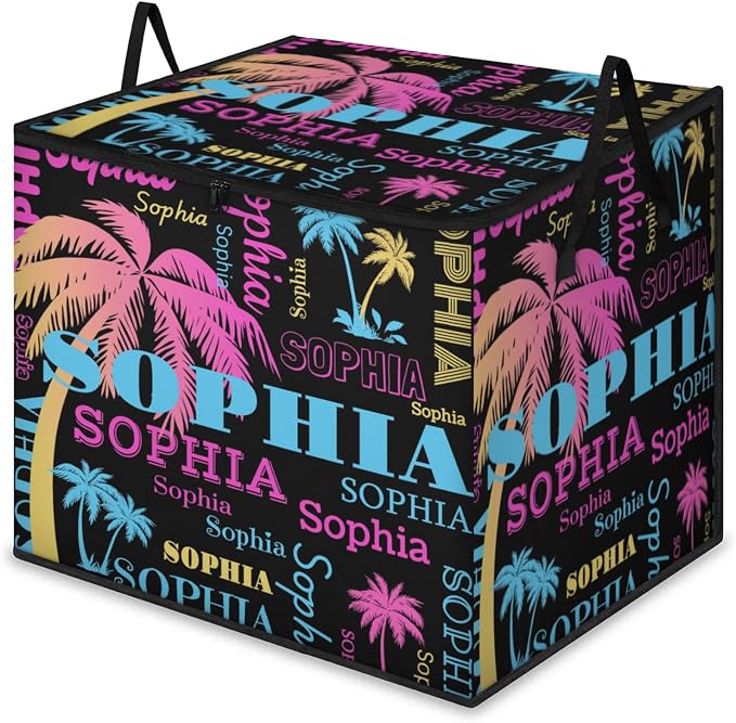 Custom Comforters Storage Basket with Lid, Personalized Name Large Organizer Bin for Children Toys, Books, Clothes, Perfect for Rooms/Playroom, Pink Blue Yellow Tropical Trees Names Black Background