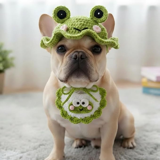 Handmade Knit Dog Costume – Adjustable Cute Frog Dog Hat & Collar for Cats and Small to Medium Dogs, Perfect for Birthday, Holiday, Daily Wear & Photoshoots