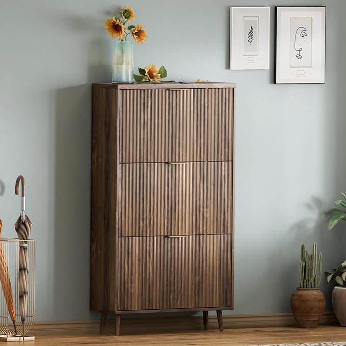 Shoe Cabinet Storage,Modern Freestanding Organizer with 3 Flip Drawers,Narrow Shoe Rack Cabinet for Entryway,Walnut