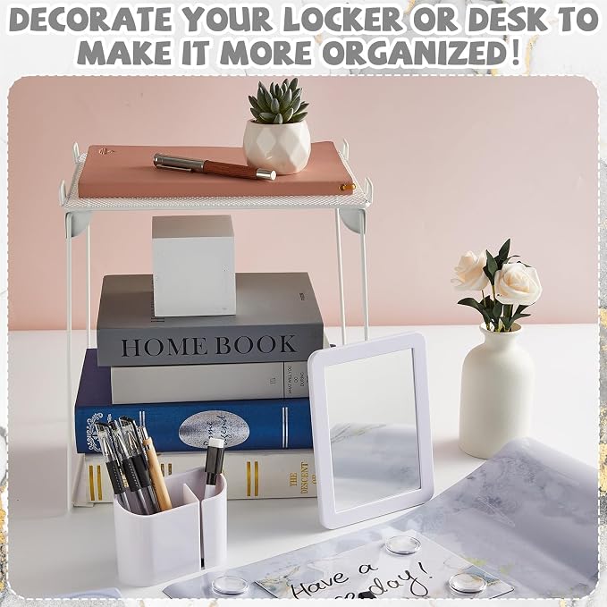 QOUBAI White Locker Accessories and Organizer Kit Include Marble Print Wallpaper Magnetic Mirror Whiteboard Pen Holder Magnet Locker Shelf Essentials for Back to School Supplies