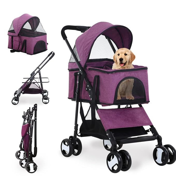 Dog Stroller 3-in-1 Folding Dog Stroller for Medium Small Dogs Purple | Pet Stroller 4 Wheels Cat Stroller with Detachable Carrier Storage Basket Waterproof Lightweight for Travel,