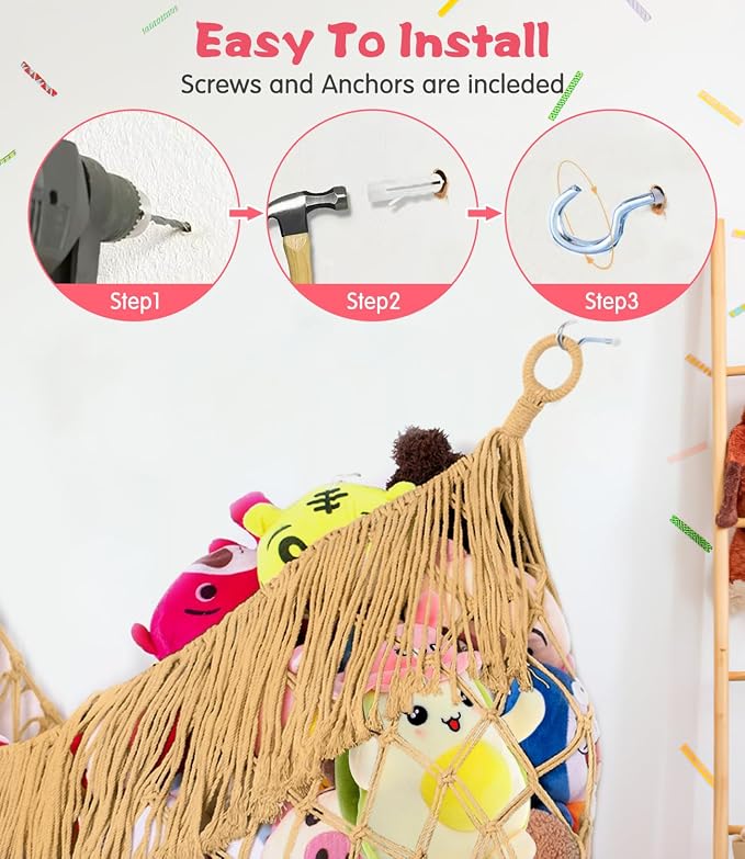 Stuffed Animal Hammock - Extra Large 63'' Long (Coffee color) | Premium Cotton Hand-knitted, Beautiful Long Tassel, Storage Hanging Organizer, Can Fit Stuffed Animals 40 Piece or More