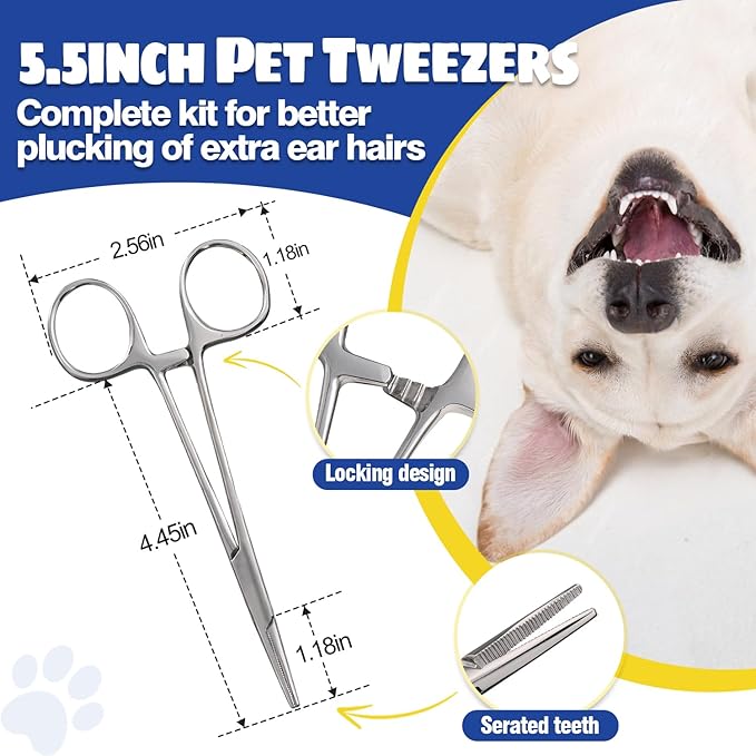 Upgraded Dog Ear Powder with 5.5 Inch Hair Removal Tool, Pet Ear Grooming Cleaner for Wax and Odor Control, Absorbs Moisture & Soothes Ears