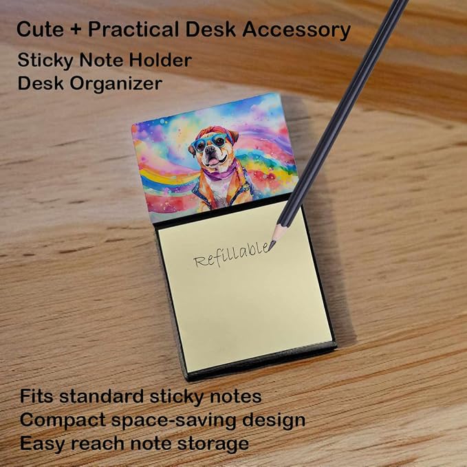 Caroline's Treasures Pug Hippie Dawg Sticky Note Holder Refillable Dispenser Self-Sticky Note Pads, Memo Pads Blank Desk Accessories