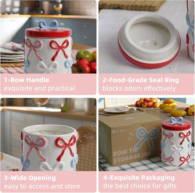 DIF DECO Cookie Jars with Lid Airtight, 42 OZ Large Ceramic Food Storage Containers, Red Bow Kitchen Canisters for Countertop, Suitable for Home Decor of Coffee, Sugar, Tea, Flour, Dog Treat (7.5 In)