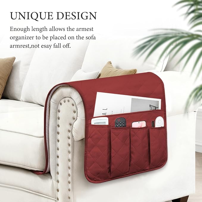 Armchair Caddy for Recliner, Non Slip Sofa Arm Organizer, Red | 5-Pocket Recliner Armrest Organizer, Couch Side Storage Holder for Remotes, Cell Phone, Magazines & Tablets, Machine Washable
