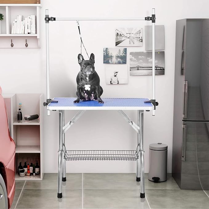 36" Pet Dog Grooming Table, Foldable Stainless Steel Frame Pet Drying Grooming Table Up to 330lbs, Professional Bathing Desk for Dogs at Home with Adjustable Overhead Arms, Noose, Mesh Tray, Blue