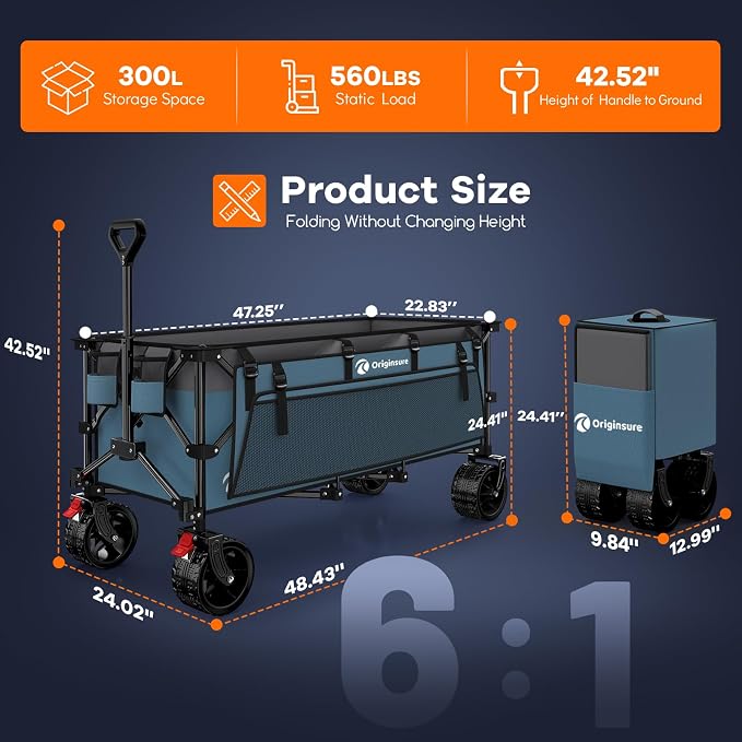 Originsure 300L Beach Wagon Cart Foldable with Big Wheels,560lbs,Grey&Blue | 48" Folding Utility Wagon,7" All-Terrain Wheels,Heavy Duty Frame,Compact&Space-Saving,for Camping,Sports,Grocery,Garden