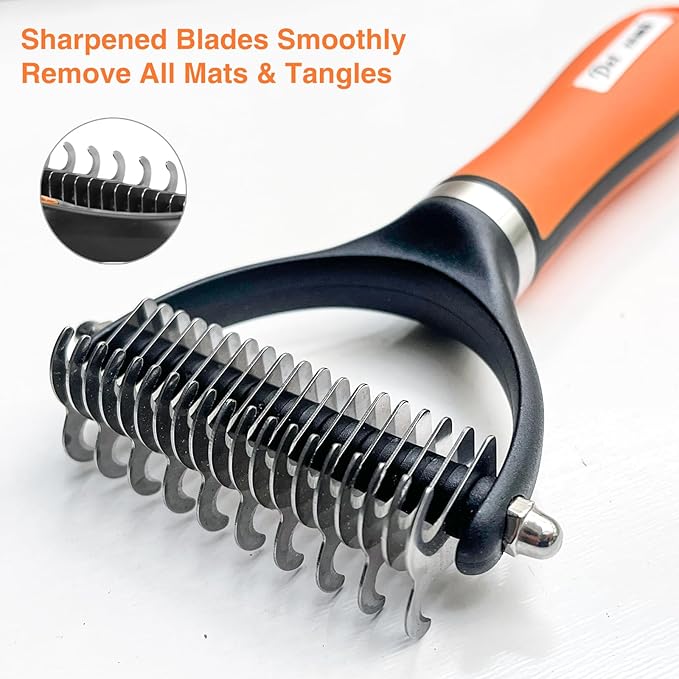 2-Sided Undercoat Rake for Dogs and Cats, Deshedding & Dematting Comb for Long Hair, Dog Brush for Shedding and Tangles, Stainless Steel Pet Grooming Tool