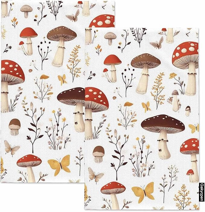 Cartoon Mushrooms Waffle Kitchen Dish Cloths Butterflies Mushroom Cute Botanic Ultra Soft Absorbent Quick Drying Dish Towels 16 X 24 Inches Set of 2