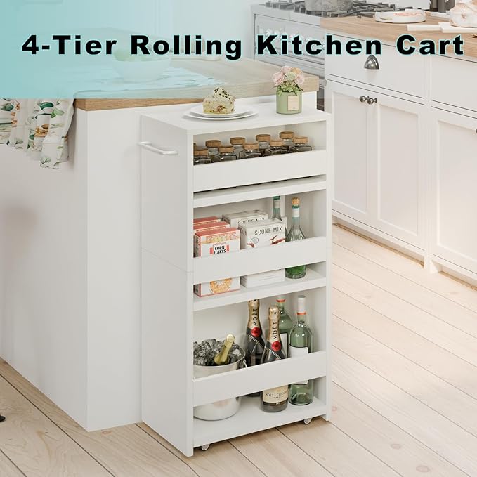MARTY Slim Rolling Storage Cart, Wood Utility Kitchen Bathroom Laundry Cart | 4 Tier Kitchen Cart with Wheels Handle, Laundry Room Organization Between Washer and Dryer, Narrow Storage Cabinet, 8” Wide