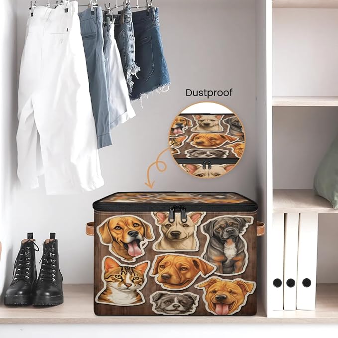 Storage Bin Dogs Cats Storage Basket with Zipper Lid & Handle Foldable Storage Box Cube Bins Clothes Organizer for Closet, Bedroom