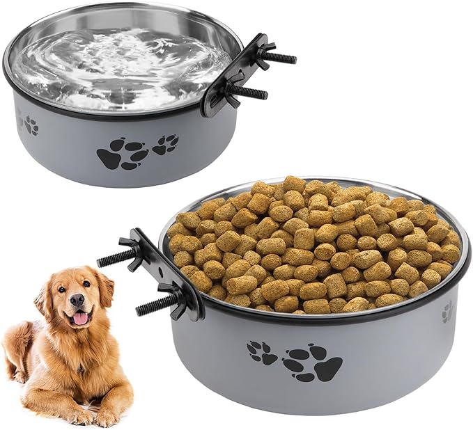 Stainless Steel Dog Crate Bowls Hanging No Spill 2 PCS - Adjustable Mountable Kennel Bowls for Medium/Large Dogs, Anti Spill Water & Food Bowl Set (Gray, L(6.3"+7.1"))
