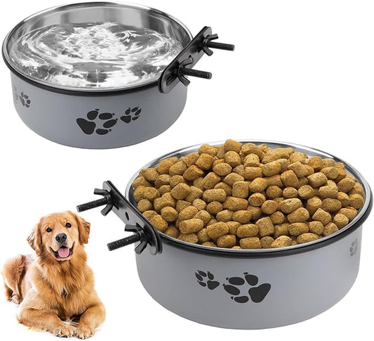 Stainless Steel Dog Crate Bowls Hanging No Spill 2 PCS - Adjustable Mountable Kennel Bowls for Medium/Large Dogs, Anti Spill Water & Food Bowl Set (Gray, L(6.3"+7.1"))