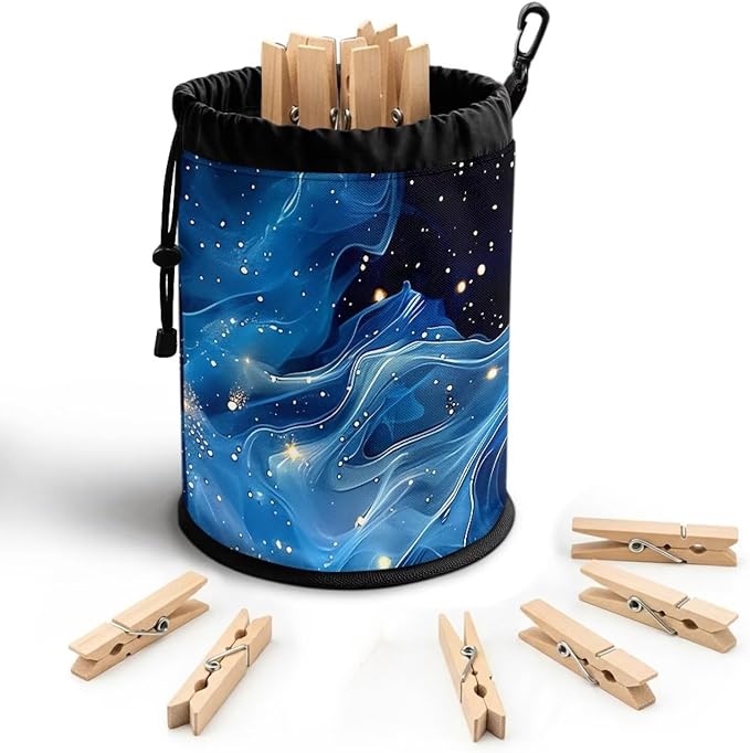 Clothespin Bag Holder Outside, Starry Sky Fluid Pattern Hanging Clothes Pin Bag with Drawstring Closure,Large-Capacity Clothespin Storage Organizer with Hooks