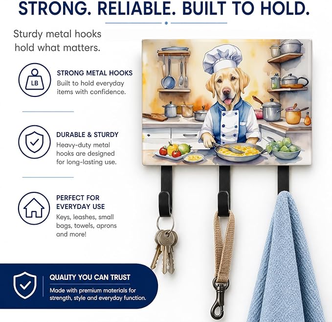 Caroline's Treasures Yellow Labrador Retriever The Chef Leash or Key Holder Wall Hooks, Key Hooks Holder, Coat Rack Wall Mount, Coat Hooks, Hooks for Hanging Keys, Towels, Aprons, Leashes | Yellow Labrador Retriever The Chef artwork on ceramic tile wit...