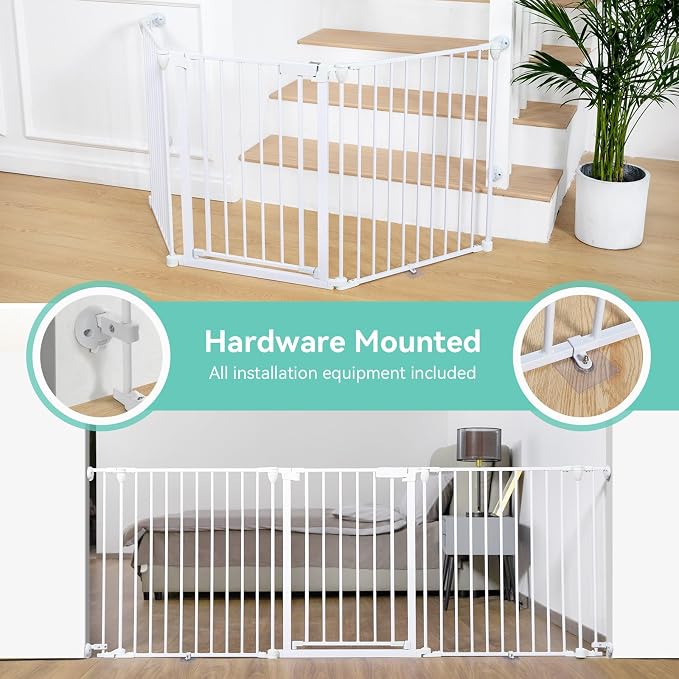 COMOMY 80" Extra Wide Baby Gate, Dog Gate for House Stairs Doorways | Auto Close Pet Gate with Door Walk Through, 3 Metal Panels, Hardware Mounted Baby Fence Indoor Outdoor(30" Tall, White)
