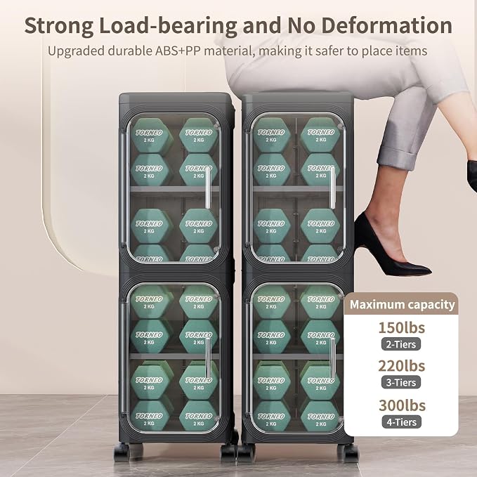 3 Tier Slim Bathroom Storage Cabinet, Foldable and Movable, Black | Tools Free, ABS and PET, Magnetic Clear Door, Adjustable Shelves, Lockable Wheels, Water Resistant, For Narrow Space