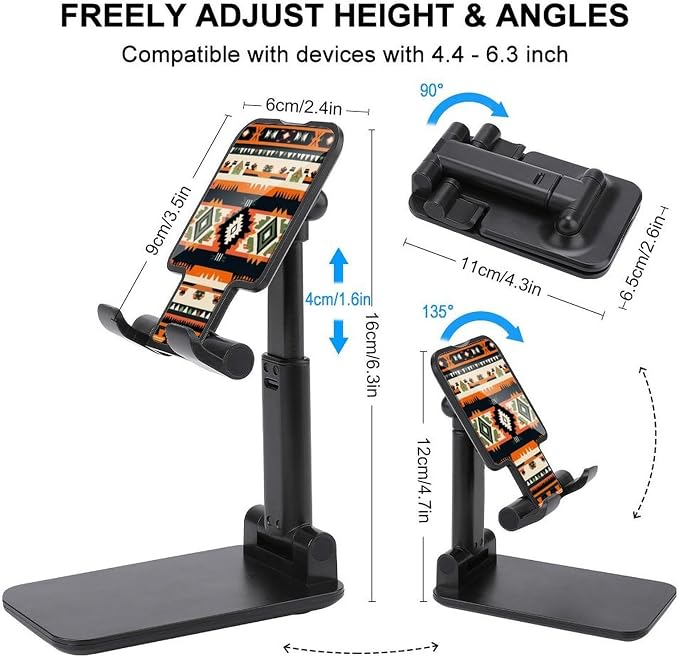 Compact Abstract Geometric Ethnic Tribal Style Desktop Cell Phone Holder | Phone Cradle Stand, Adjustable, Desktop Cell Phone Holder, Smartphone Mount, Travel, Home Work, Video Chat