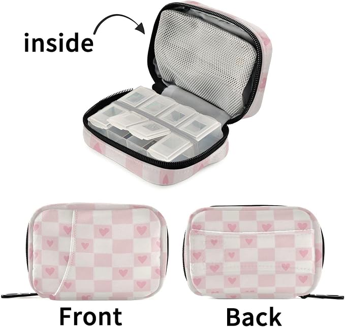 Fustylead Hearts on Pink and White Checkered Travel Pill Organizer Bag with Zipper Small Pill Box 7 Day Pill Case for Purse Storage Weekly Vitamin Medicine Supplement
