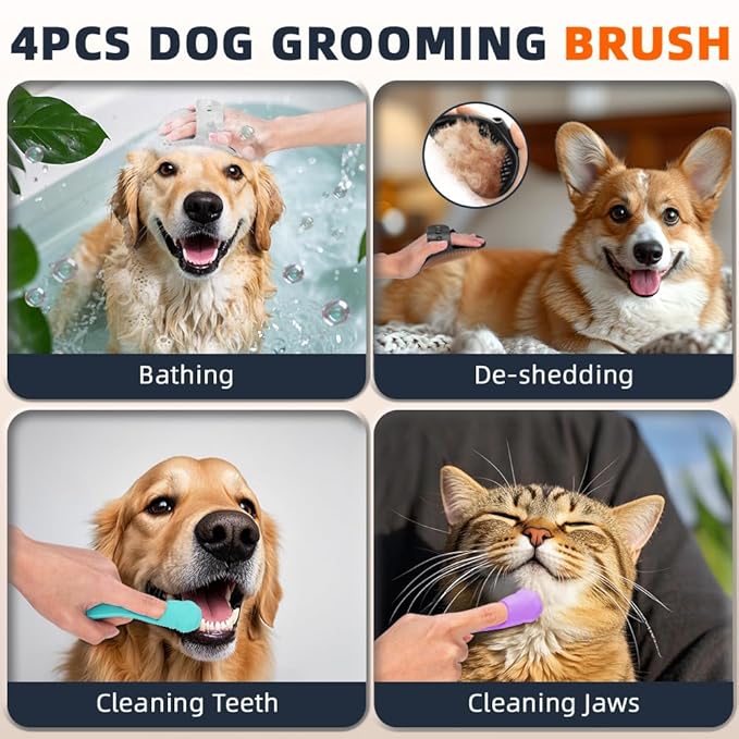 4PCS Dog Bath Brush | Scrubber for Bath | Shampoo Brush | Toothbrush | Finger Toothbrush | Dog Shower/Washing Brush with Adjustable Ring Handle - Pet Bath Supplies (Black Grey)