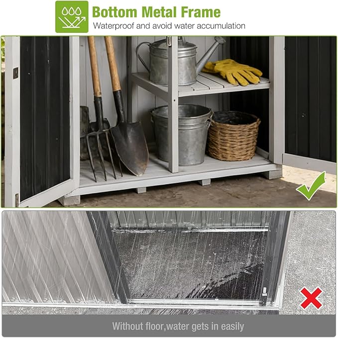 GUTINNEEN Outdoor Storage Shed with All Around Strong Metal Frame, Wooden Tool House with Floor & Adjustable Shelves, Garden Tool Sheds Cabinet for Backyard Garden Patio Lawn 67.1" H (Black＆White)
