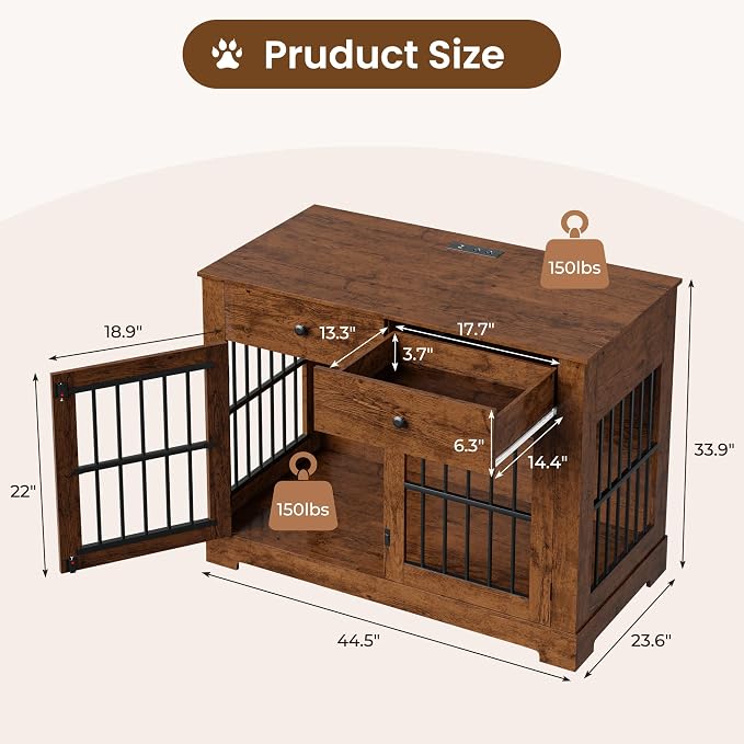 Dog Crate Furniture with Storage Dog Kennel w/2 Drawers, 44.5'' Heavy-Duty Wooden Dog House Indoor End Table Tv Stand with Charging Station Pet Cage for Small/Medium Dogs(Brown)