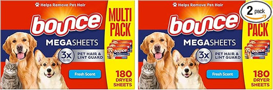 Bounce Fabric Softener Sheets, Fresh Scent, 180 Count | Pet Hair and Lint Guard | Pack of 2 | 3X Pet Hair Fighters