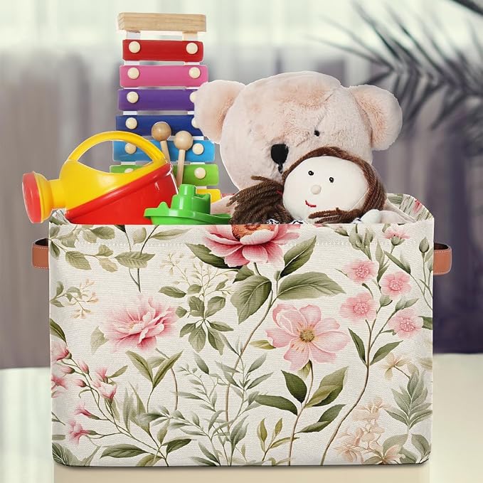 Wild Rose Flower Floral Rectangular Storage Bin Collapsible Storage Basket Organizer Boxes with Leather Handle Storage Cube for Shelves Toy Laundry Nursery 1 PC
