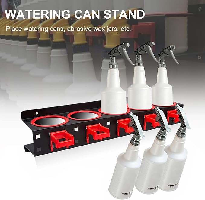 Spray Bottle Storage Rack with Extra Abrasive Holder, Wall Mount Hanging Rail Car Beauty Shop Accessory Display Auto Cleaning Detailing Tools Hanger Bottle Organizer