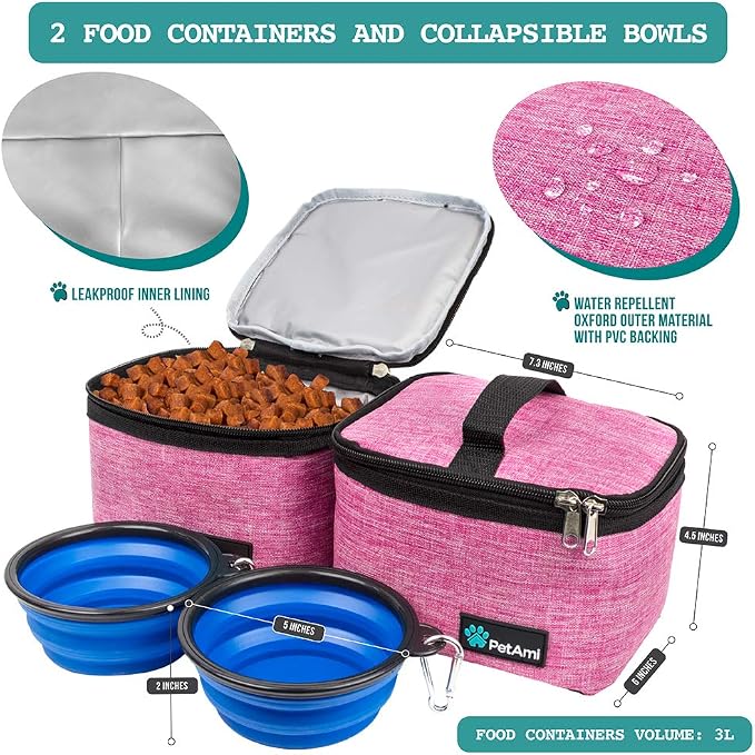 PetAmi Dog Travel Bag Organizer, Pet Supplies Tote Diaper Bag, Pink Medium | Pet Travel Kit with 2 Food Containers & 2 Collapsible Dog Bowls, Luggage Sleeve, Weekend Getaway Road Trip Camping Essentials