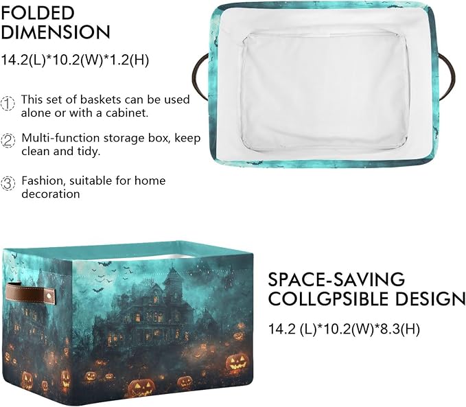 Halloween Castle Storage Basket with Waterproof Liner and PU Handles Spooky Bat Pumpkin Lantern Storage Bins Boxes 14.2" Collapsible Decorative Organizer Baskets for Bedroom Closet Office 1 Pack