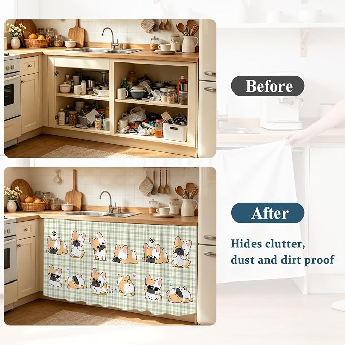 Cute Puppy Cabinet Curtains 28"x51" Sink Skirt for Bathroom Kitchen, Sage Green Plaid Modern Funny Dogs Pet Self Stick Adhesive Under Desk Covers Tall Laundry Cabinet Storage Organizer