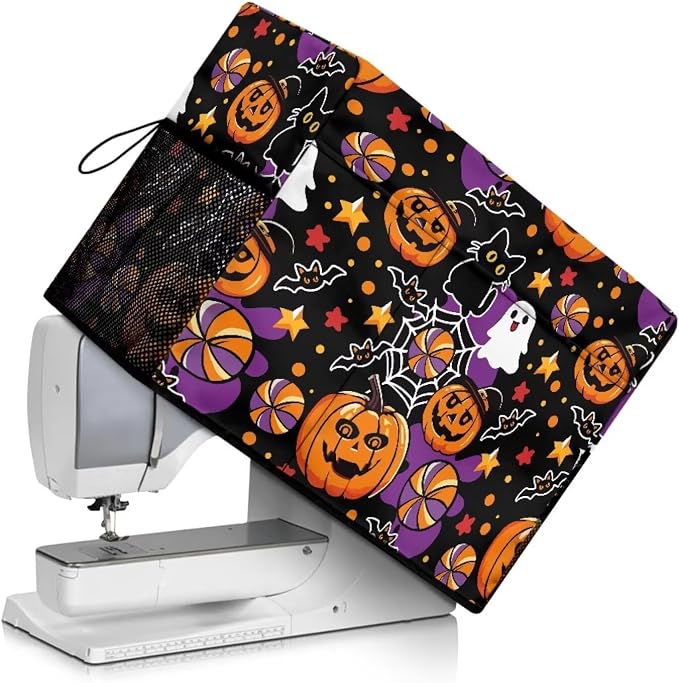 Halloween Theme Sewing Machine Cover with Storage Pockets | Dust & Pet Hair Protection,Fits Standard Singer, Brother and Janome Machines, Protecting & Decorating Your Sewing Space