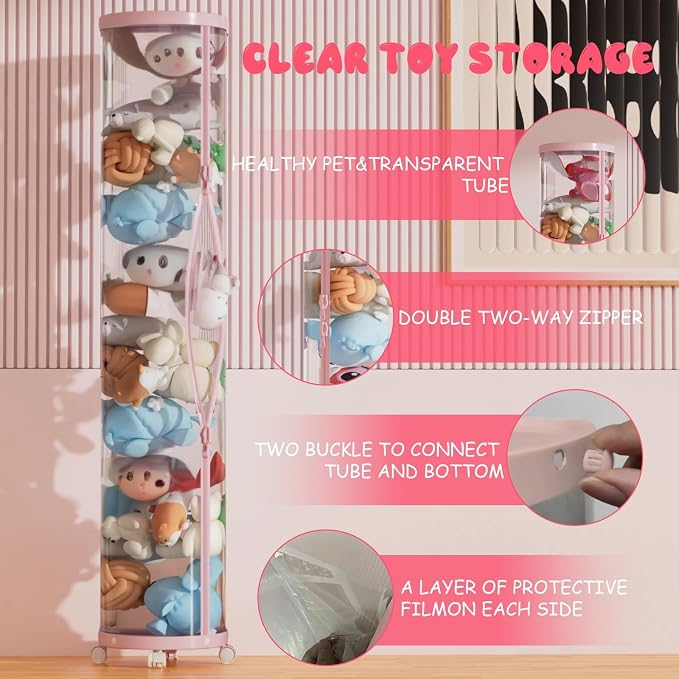 Upgraded Stuffed Animal Storage Tube,Tall (150cm) Plush Organizer with 4 Wheels,Pink PET Clear Bucket & Double Zipper, Space-Saving Toy Storage for Kids Room,Tidy Zoo Bin for Stuffed Animals