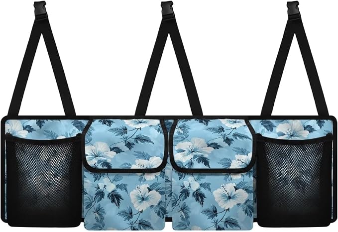 Dreaweet Blue Hibiscus Flower Trunk Organizer for Car Women Hanging Back Seat Storage with 4 Pockets Collapsible Car Cargo Trunk Storage Organizer Bag for Truck,SUV,Van with Adjustable Straps