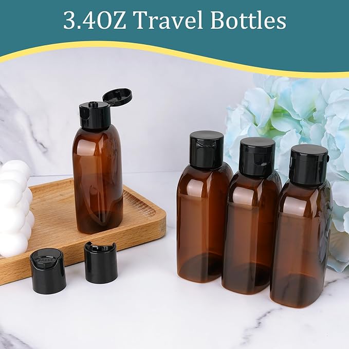 Cosywell Travel Shampoo Bottles 4pcs 3.4oz Travel Bottles for Toiletries | Brown Plastic Squeeze Bottle, TSA Approved, Leak Proof, Flip Cap, Empty Lotion Containers, and a Toiletry Bag