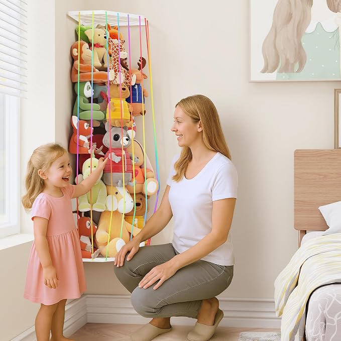 BBLlKE Stuffed Animal Storage Zoo - Corner Plush Toy Organizer Length Adjustable, Wall Hanging Stuffed Animal Net Holder for Nursery Playroom Bedroom Kids Room, Multicolor