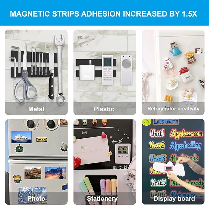 Magnetic Strips Tape with Adhesive Backing Magnet – Heavy Duty Magnets Strip, with 10Pcs Metal Stickers for Double Sided Self Sticky Non Metal, for Tool and Knife Strong Magnetic Wall Holder