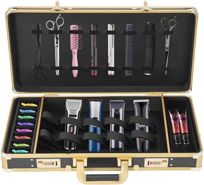 Barber Case with Shoulder, Profesional Barbers Briefcase Tool Cases, Barber Supplies Clipper Trimmers Tool Storage Organizer for Hair Stylists, Pet Groomers, Golden